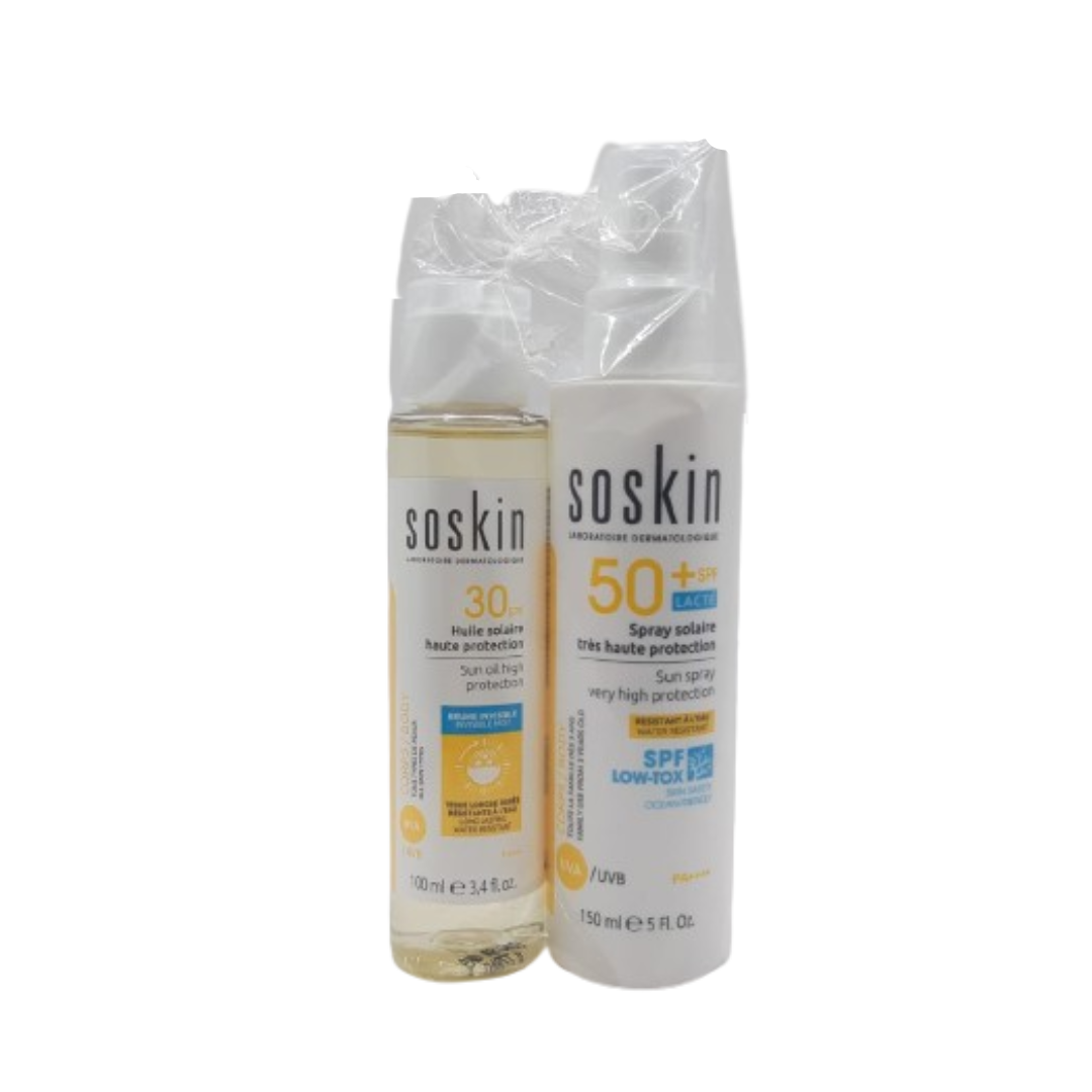 Soskin-Ecran-Solaire-Spray-spf50-150mlHuile-Solaire-spf30-100ml-Pack-1 Soskin Ecran Solaire Spray Spf50 150ml+Huile Solaire Spf30 100ml Pack – Image 1