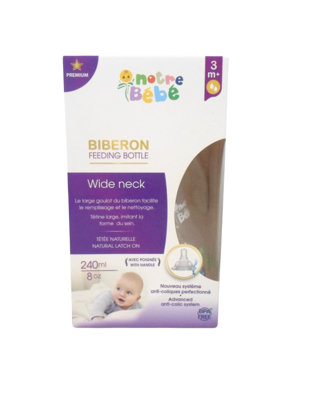 notre-bebe-bib-wide-neck-avec-poignet-3m-240ml-1 Notre Bebe Biberon Wide Neck Avec Poignet +3m 240ml – Image 1