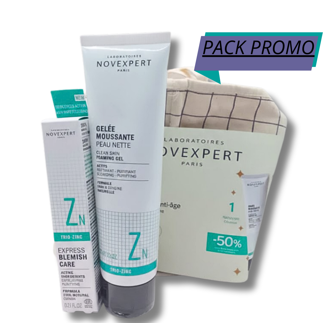 Novexpert-Gelee-Moussant-Trio-Zin-Stop-Bouton-Express-50-Trousse Novexpert Gelee Moussant Trio-Zin +Stop Bouton Express+ Trousse -50% – Image 1
