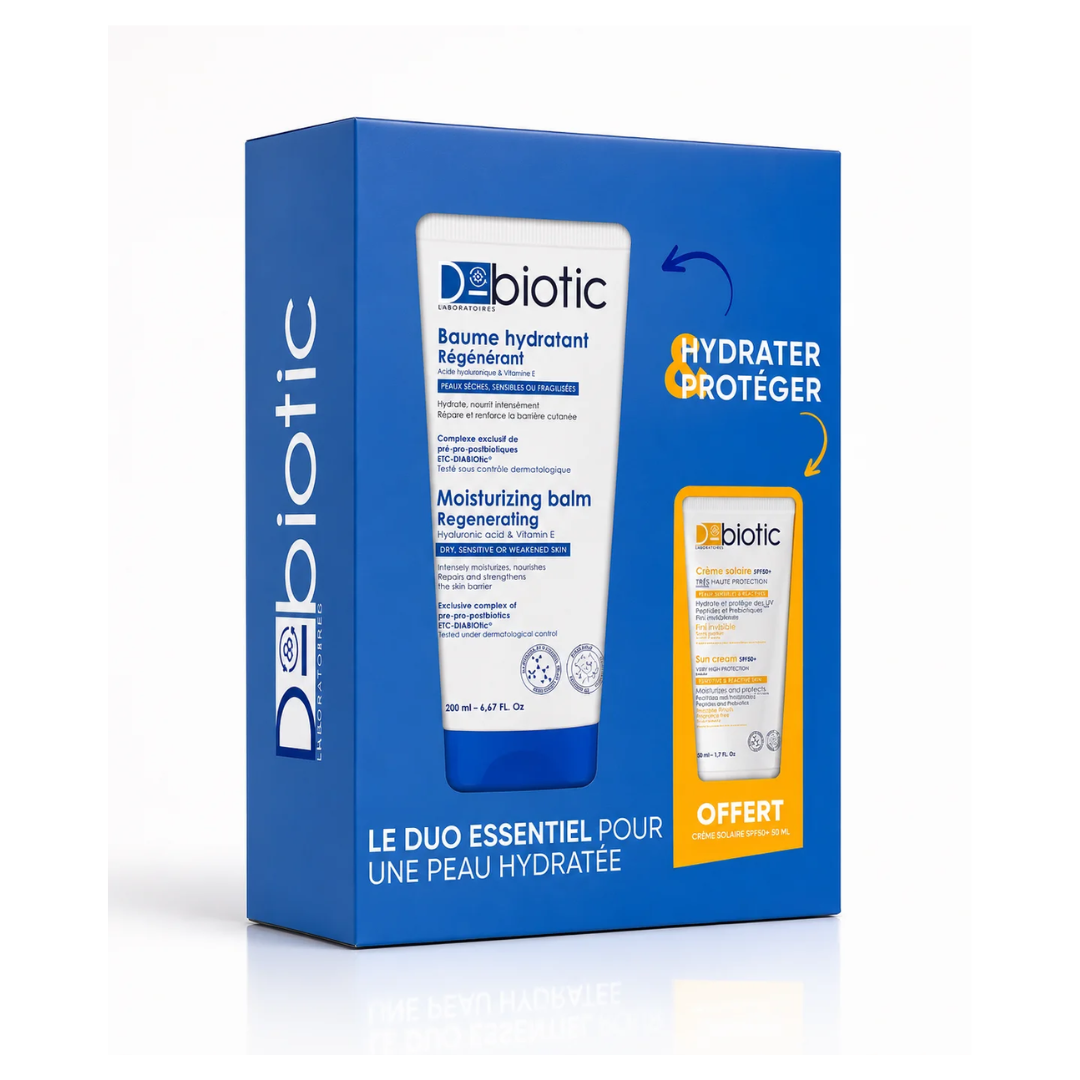 D-Biotic-Baume-hydratante-regenerant-Ps-150mlEcran-solaire-ECH-pack.png D-Biotic Duo Essentiel Baume Hydratant Régénérant 200 ml + Mini Crème Solaire SPF 50+ Offerte – Image 1