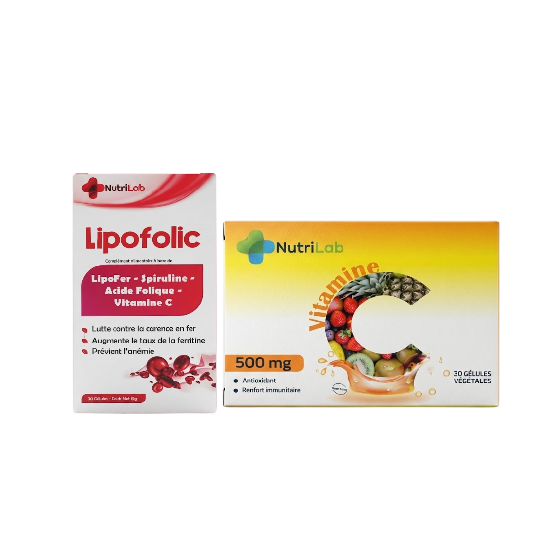 Nutrilab-Lipofolic-30gelulesVitamine-C-30gelules-Pack.png Nutrilab Lipofolic 30 Gelules + Vitamine C 30 Gelules Pack – Image 1