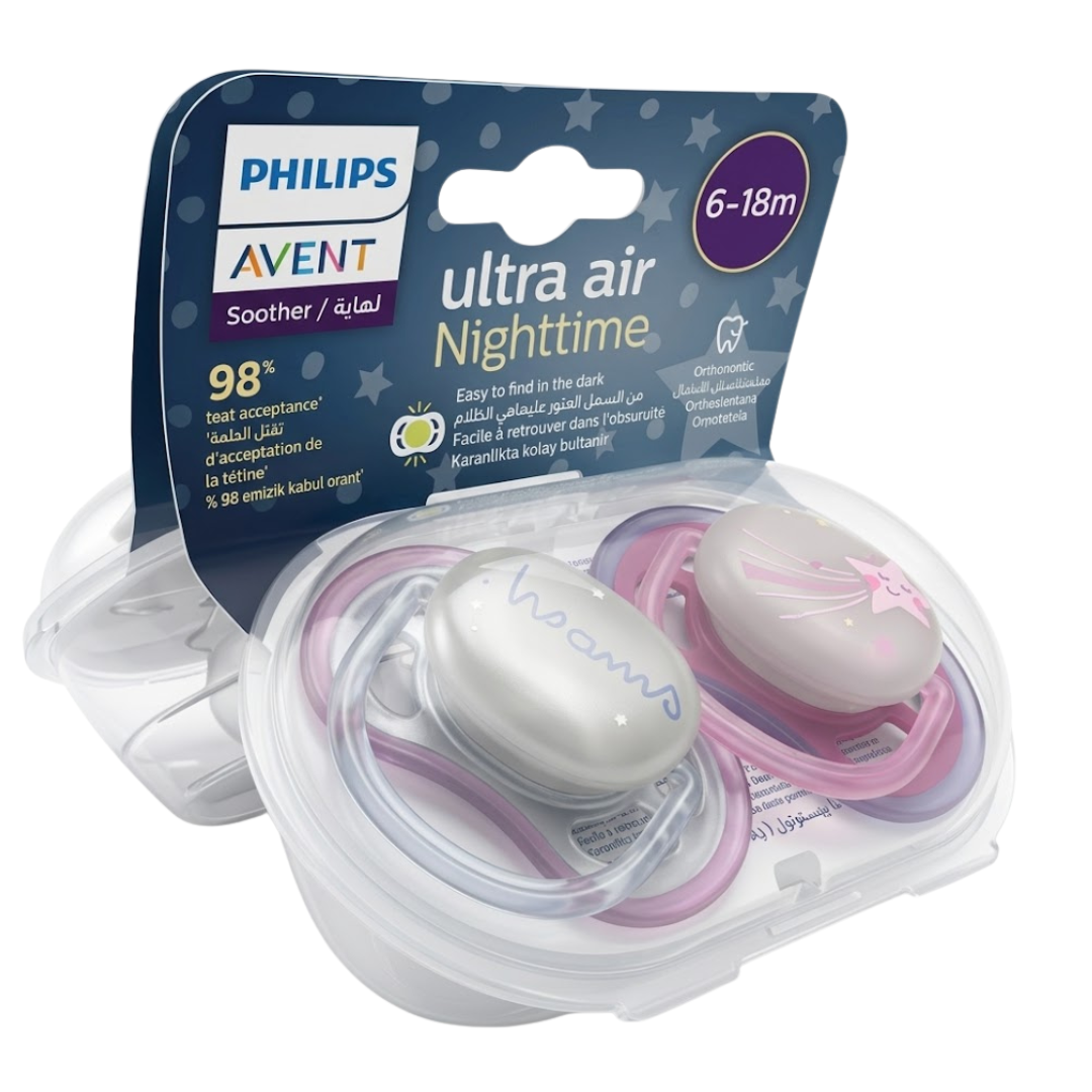 Avent-Suc-Air-Night-time-6-18MSuc-Air-Night-Time-50-SCF3761337.png Avent Sucette Air Night time 6-18M+Sucette Air Night Time -50% SCF376/13+37 – Image 1